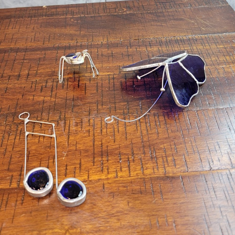 Set of 3 Vintage Cobalt Blue Glass Figures, Musical Notes, Butterfly and Ant